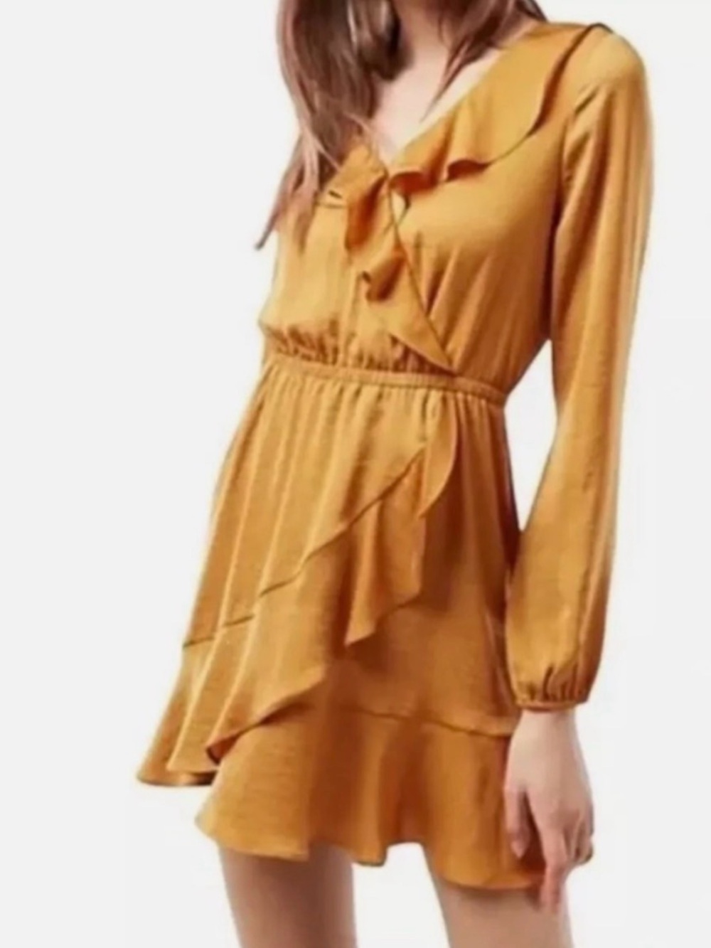 Express Mustard Long-Sleeve Ruffle Wrap Dress